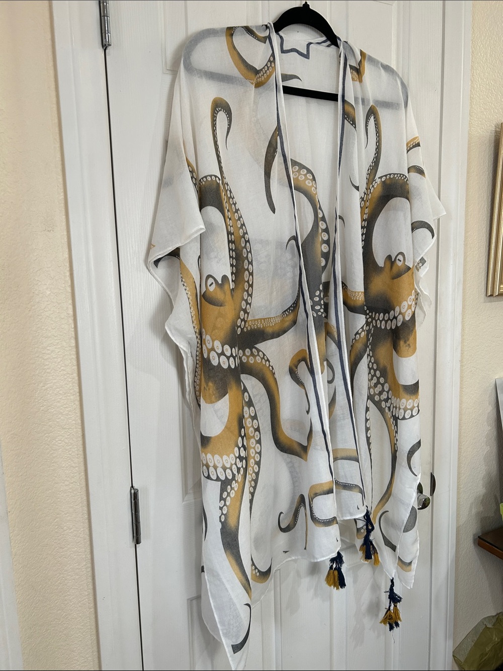 Octopus-Print Sheer Kimono Cover-Up - White & Gold - Picture 2 of 7